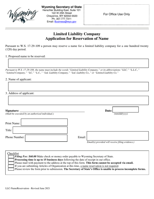 Limited Liability Company Application for Reservation of Name - Wyoming