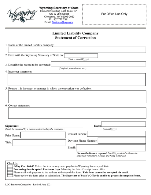 Limited Liability Company Statement of Correction - Wyoming Download Pdf