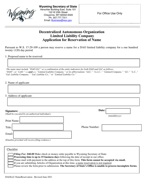 Decentralized Autonomous Organization Limited Liability Company Application for Reservation of Name - Wyoming