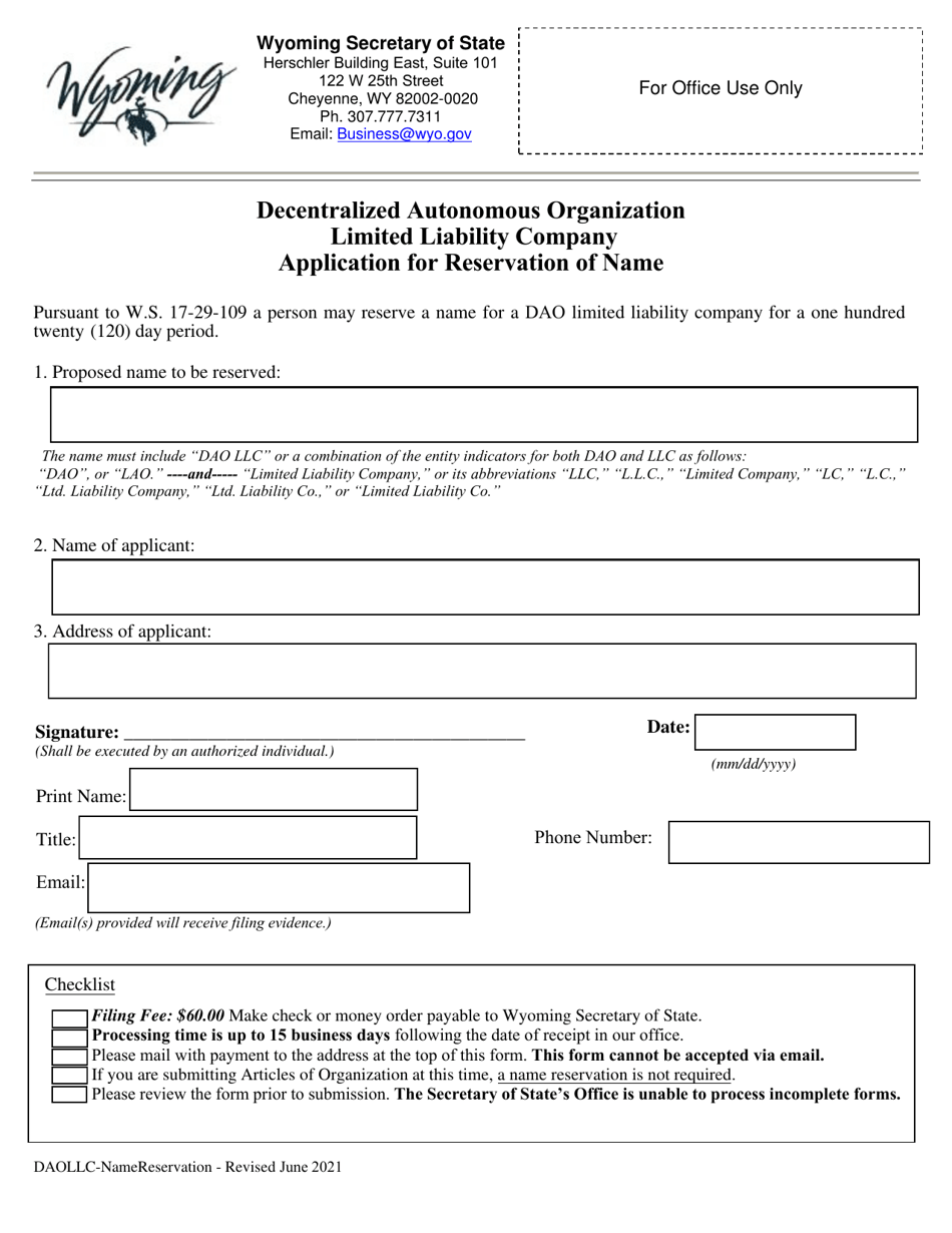 Decentralized Autonomous Organization Limited Liability Company Application for Reservation of Name - Wyoming, Page 1