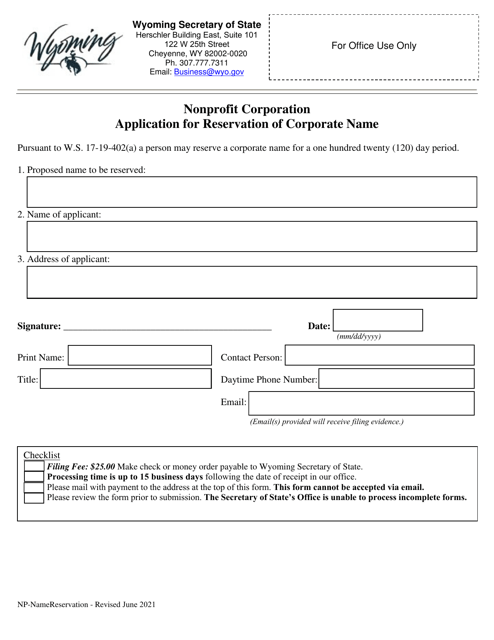 Nonprofit Corporation Application for Reservation of Corporate Name - Wyoming
