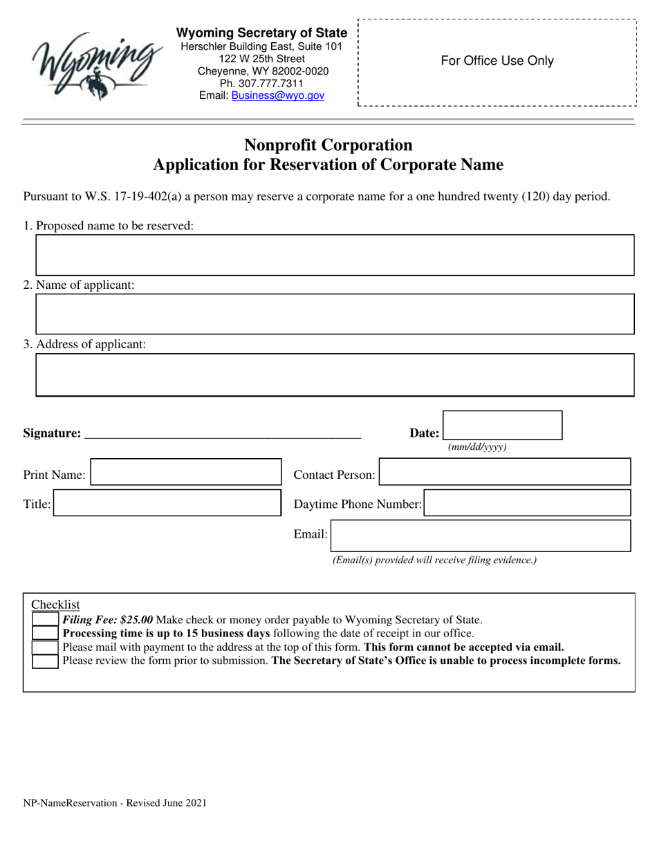 Nonprofit Corporation Application for Reservation of Corporate Name - Wyoming, Page 1