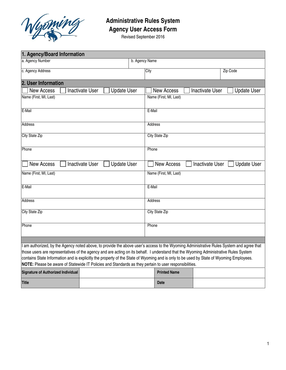 Agency User Access Form - Administrative Rules System - Wyoming, Page 1