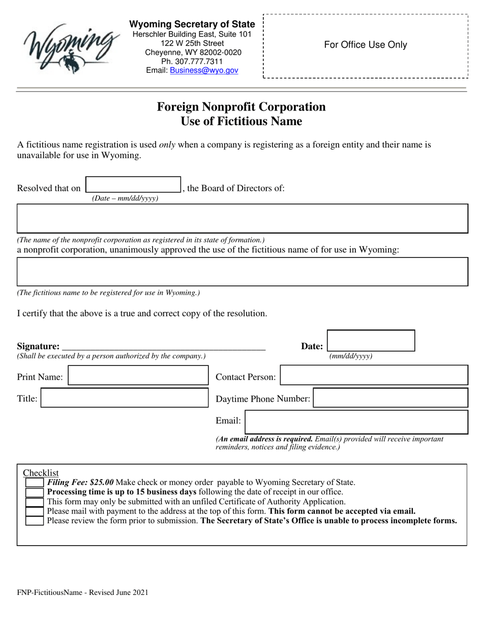 Foreign Nonprofit Corporation Use of Fictitious Name - Wyoming, Page 1