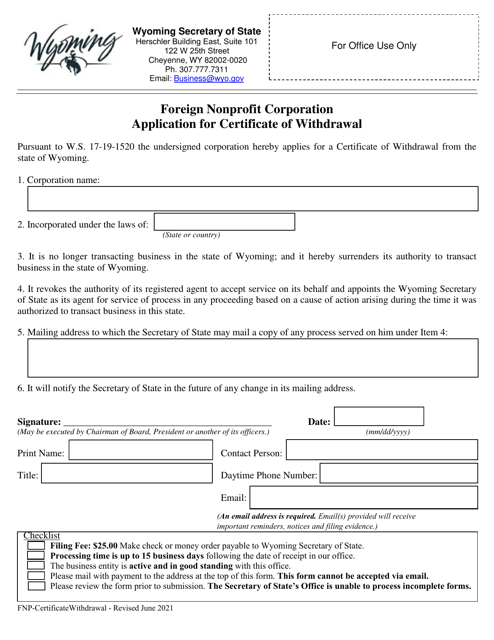 Foreign Nonprofit Corporation Application for Certificate of Withdrawal - Wyoming Download Pdf