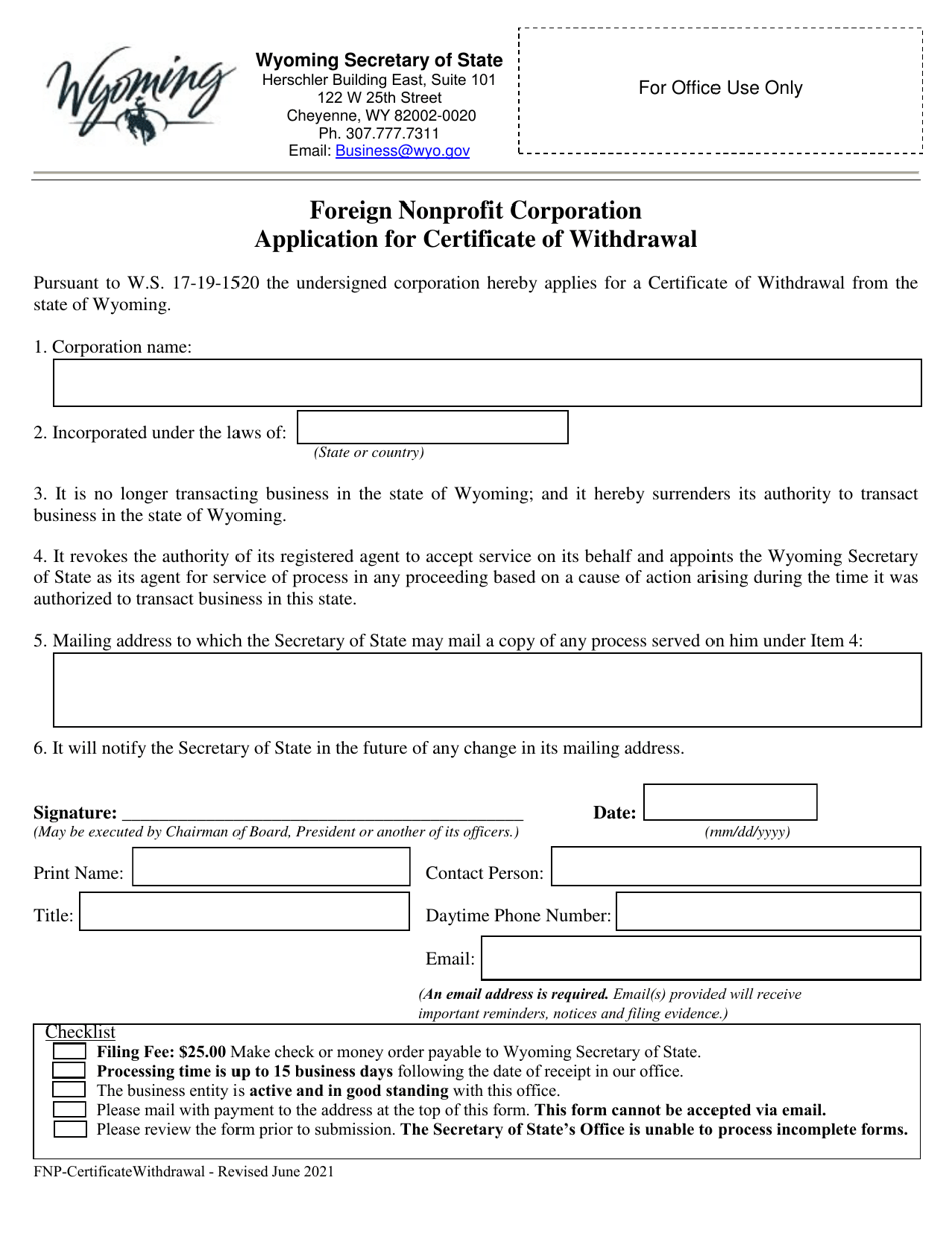 Foreign Nonprofit Corporation Application for Certificate of Withdrawal - Wyoming, Page 1