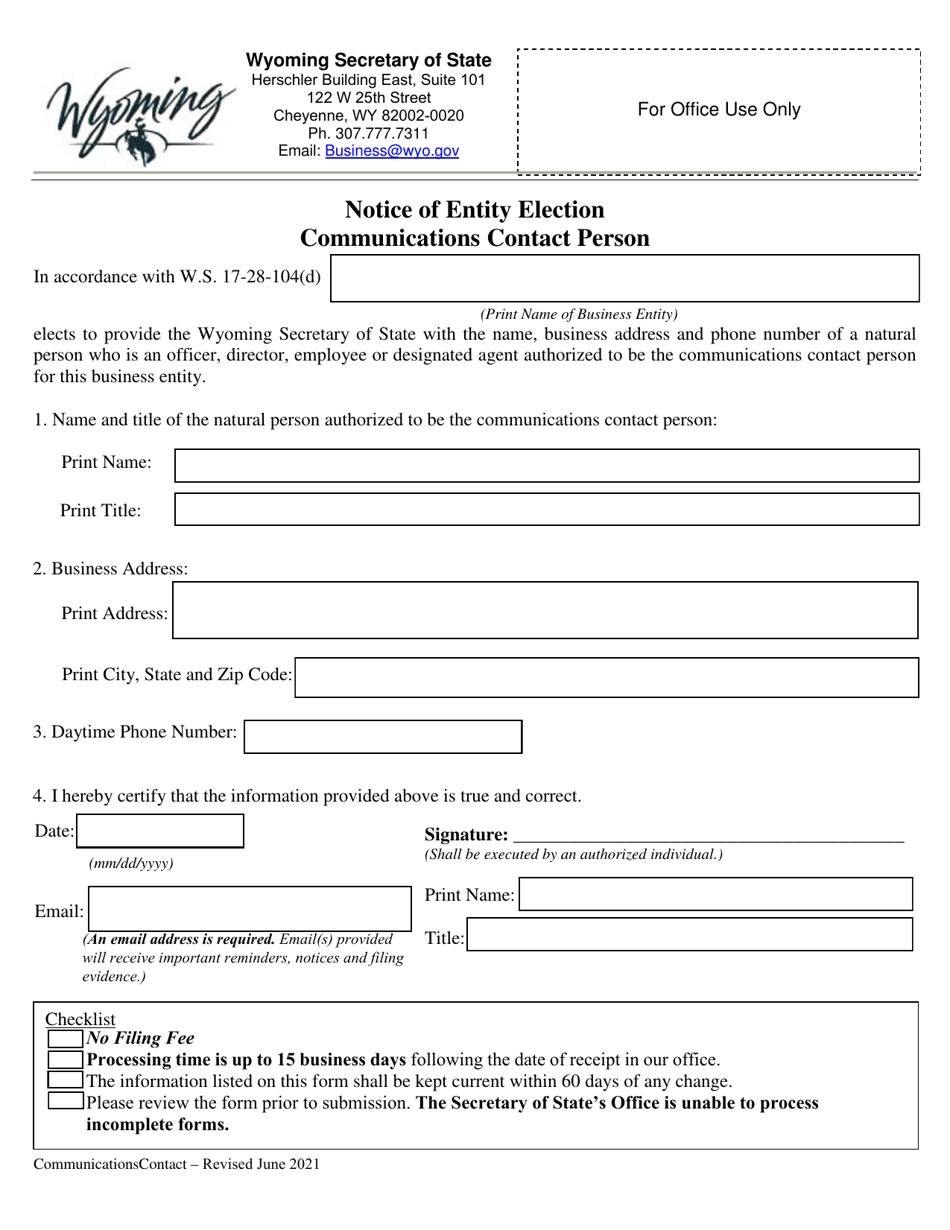 Notice of Entity Election Communications Contact Person - Wyoming, Page 1