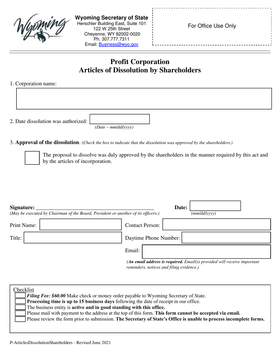 Profit Corporation Articles of Dissolution by Shareholders - Wyoming, Page 1