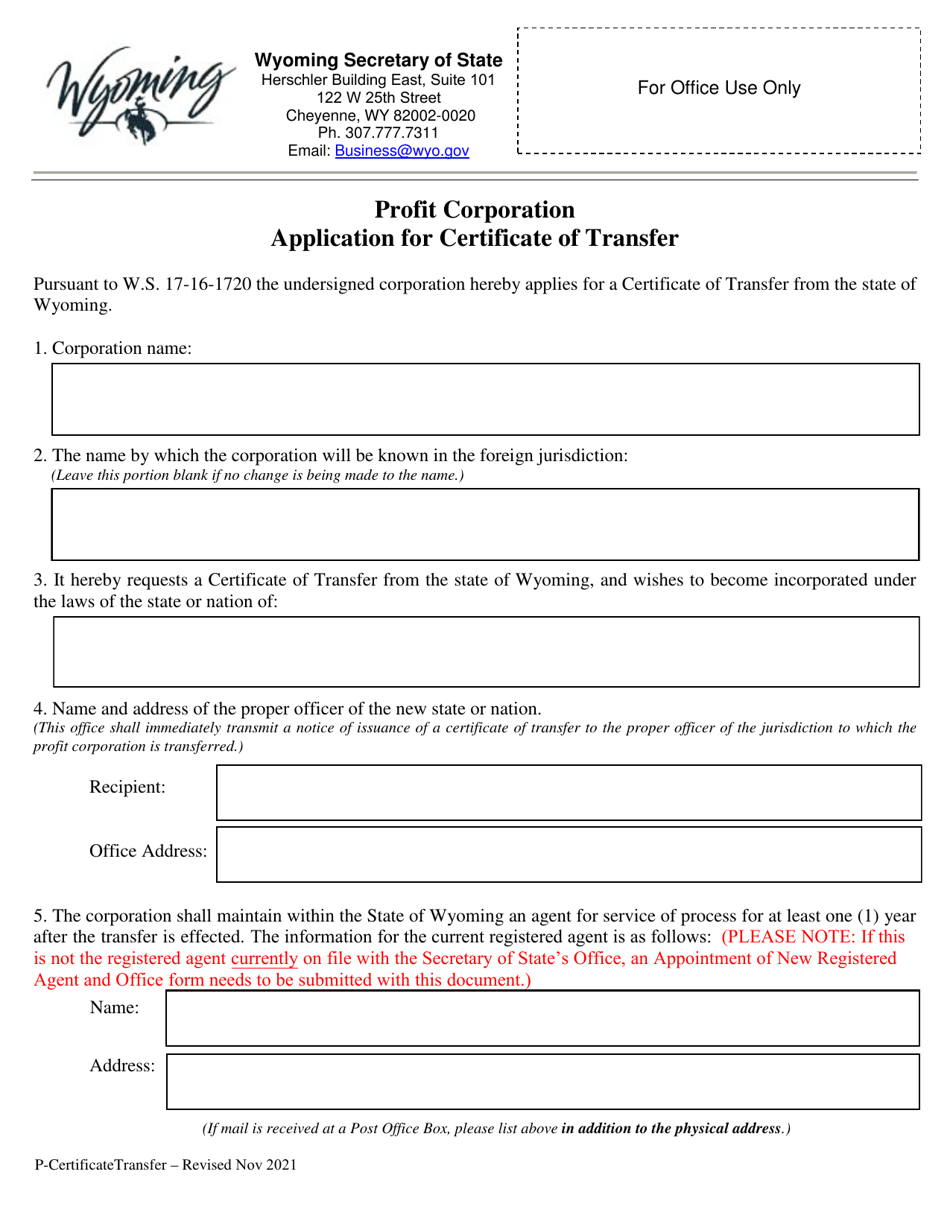 Profit Corporation Application for Certificate of Transfer - Wyoming, Page 1