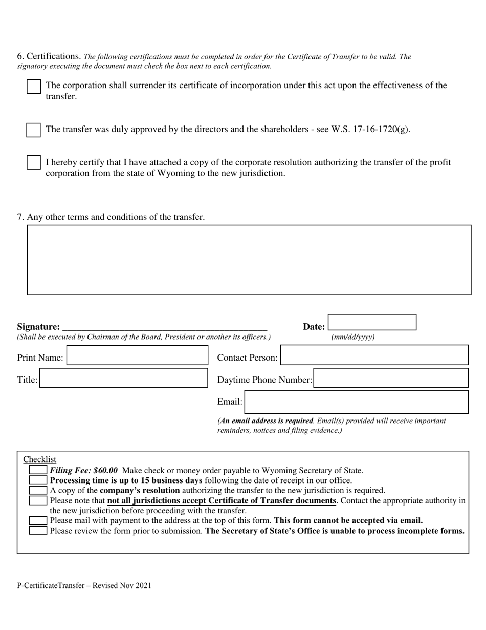 Profit Corporation Application for Certificate of Transfer - Wyoming, Page 2