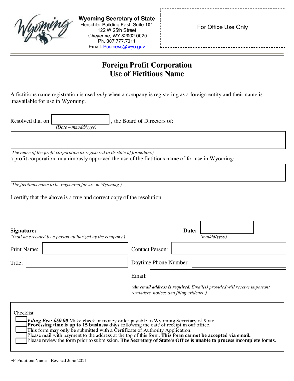 Foreign Profit Corporation Use of Fictitious Name - Wyoming, Page 1