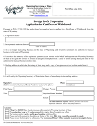 Document preview: Foreign Profit Corporation Application for Certificate of Withdrawal - Wyoming