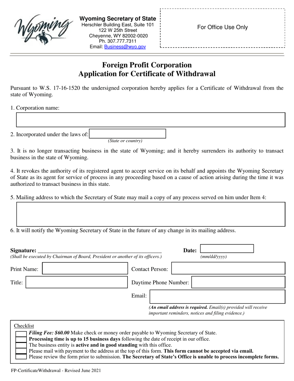 Foreign Profit Corporation Application for Certificate of Withdrawal - Wyoming, Page 1