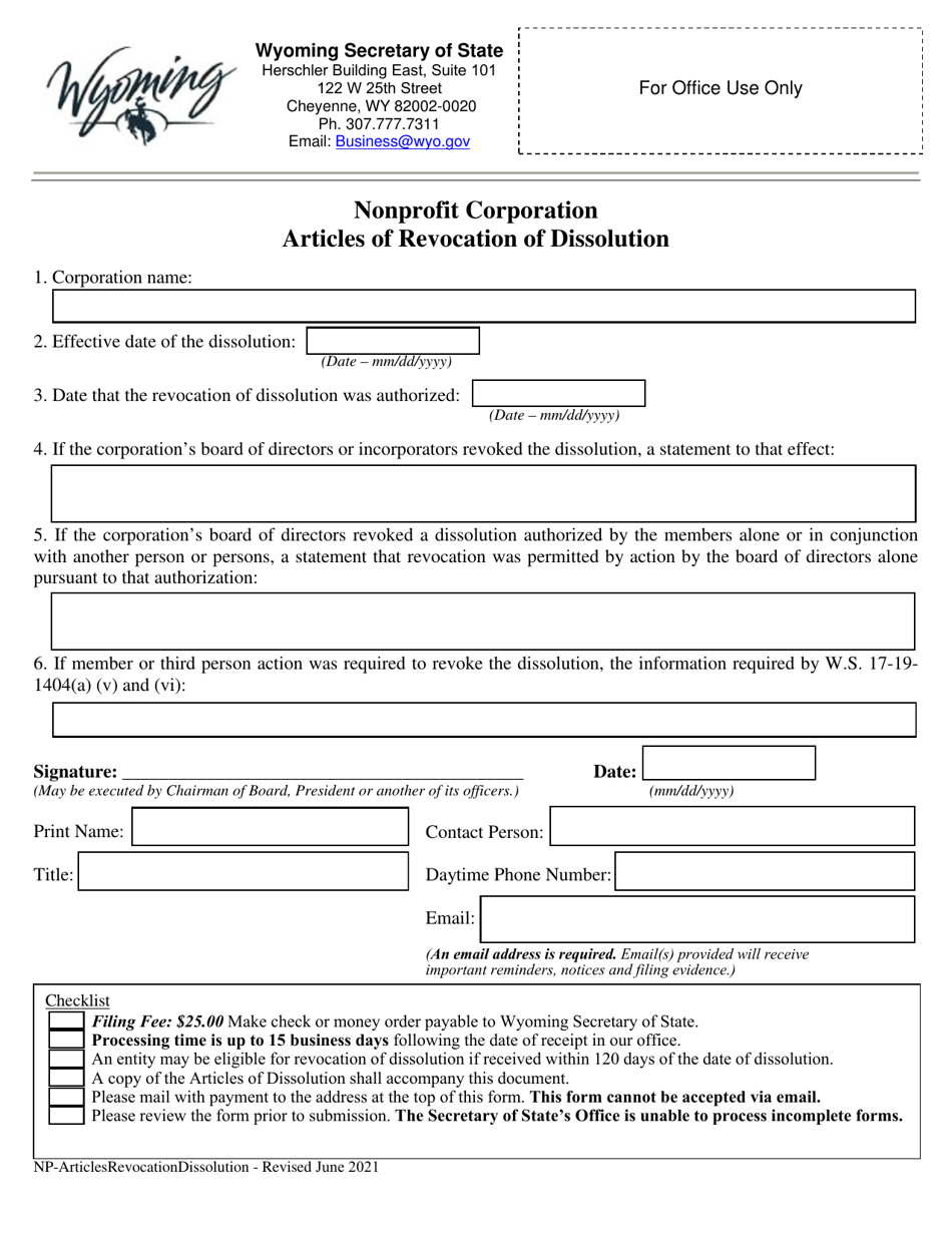 Nonprofit Corporation Articles of Revocation of Dissolution - Wyoming, Page 1