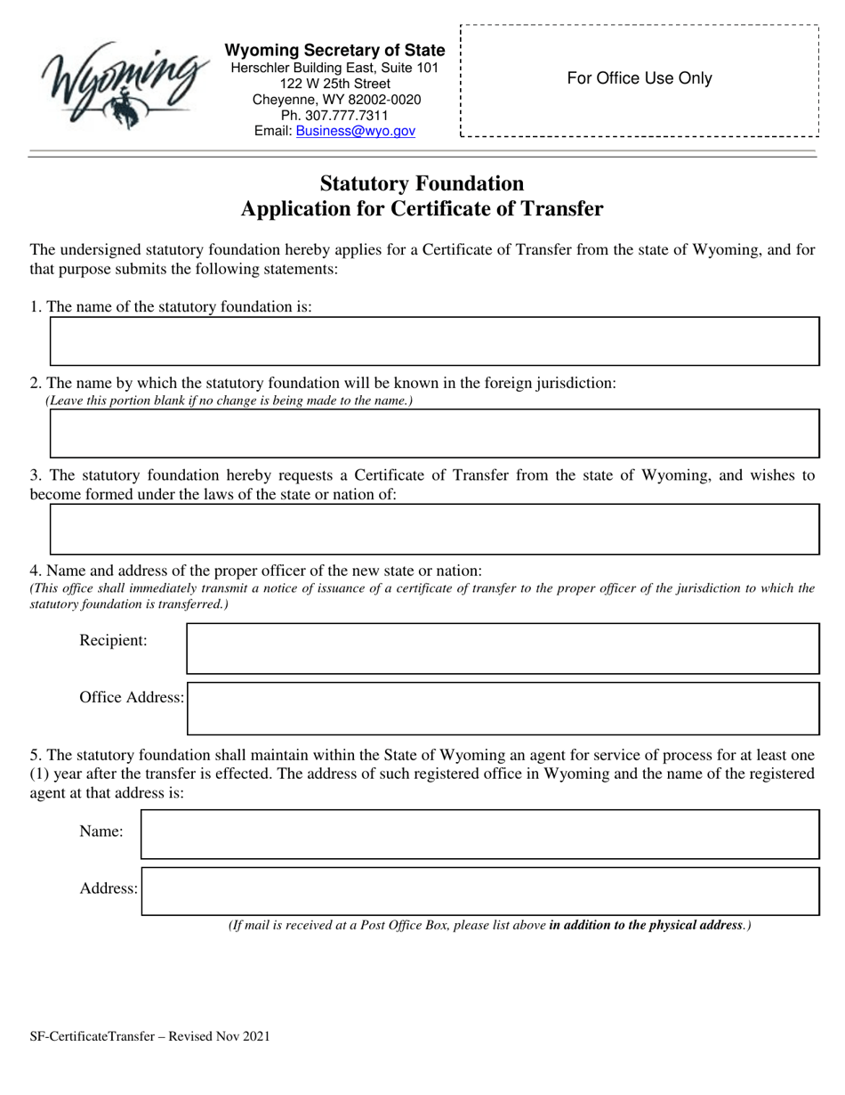 Statutory Foundation Application for Certificate of Transfer - Wyoming, Page 1