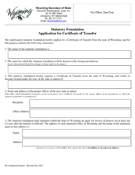 Document preview: Statutory Foundation Application for Certificate of Transfer - Wyoming