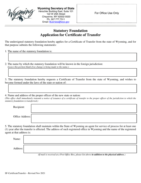 Statutory Foundation Application for Certificate of Transfer - Wyoming Download Pdf