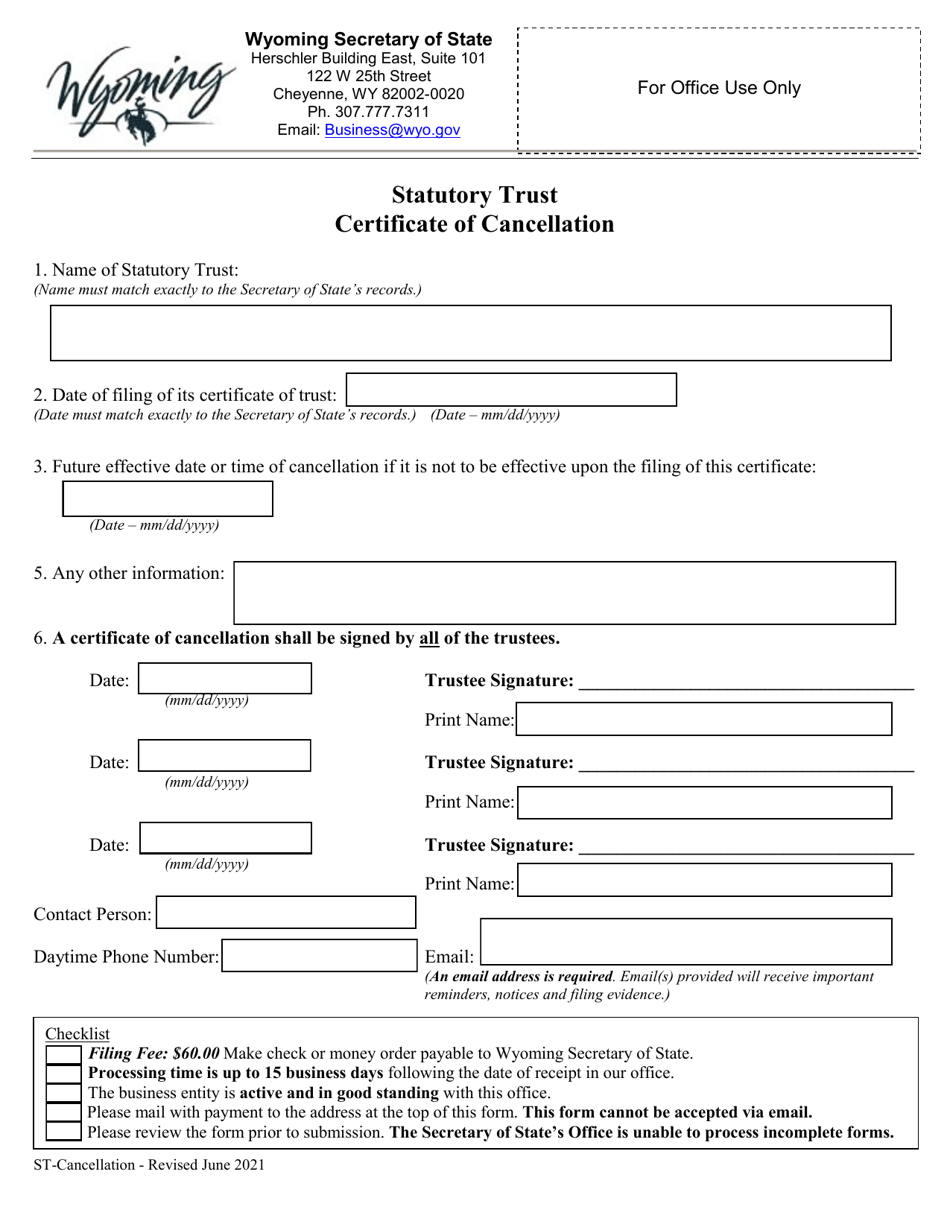 Wyoming Statutory Trust Certificate of Cancellation Fill Out, Sign