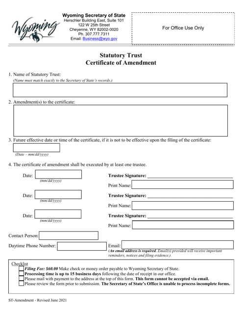 Statutory Trust Certificate of Amendment - Wyoming Download Pdf