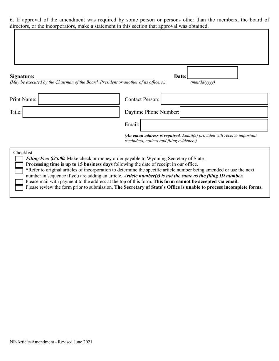 Wyoming Nonprofit Corporation Articles Of Amendment Fill Out Sign Online And Download Pdf 