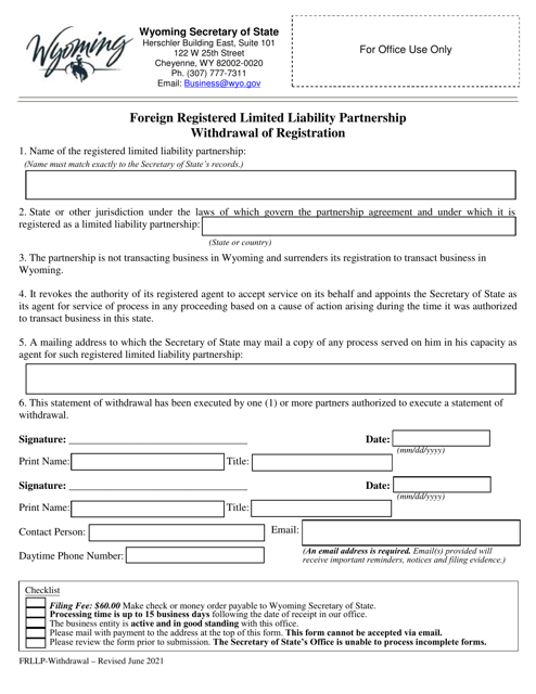 Foreign Registered Limited Liability Partnership Withdrawal of Registration - Wyoming Download Pdf