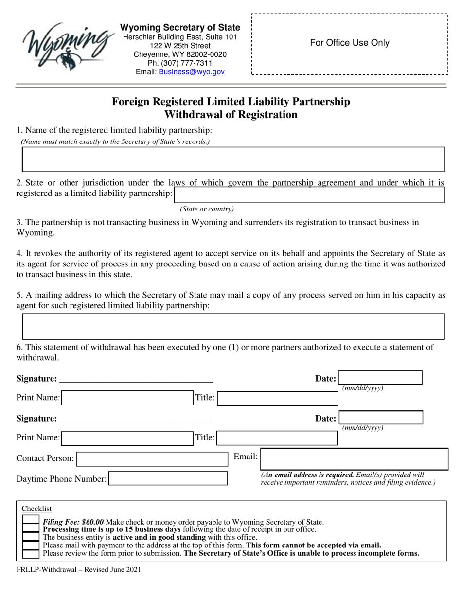 Foreign Registered Limited Liability Partnership Withdrawal of Registration - Wyoming, Page 1