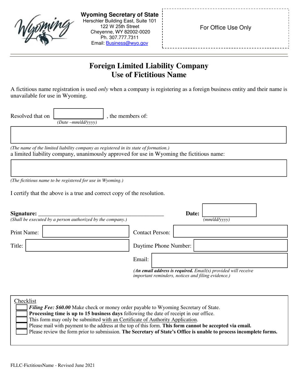 Foreign Limited Liability Company Use of Fictitious Name - Wyoming, Page 1