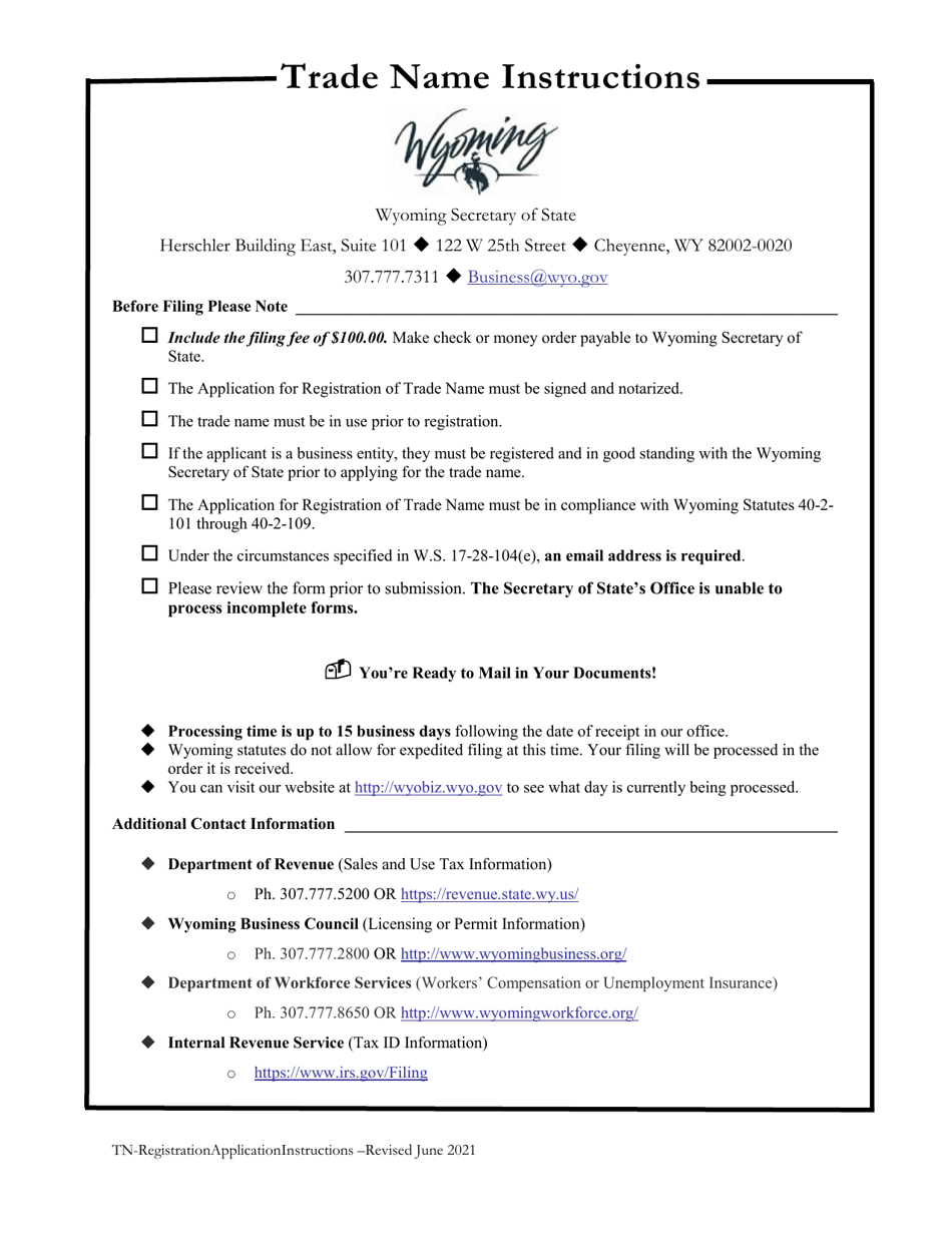 Application for Registration of Trade Name - Wyoming, Page 1