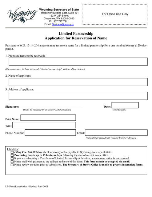 Limited Partnership Application for Reservation of Name - Wyoming Download Pdf