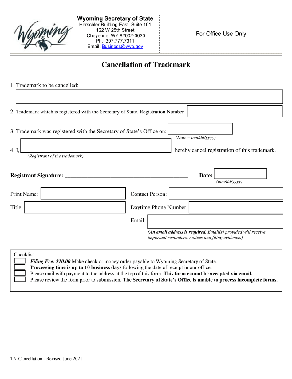 Cancellation of Trademark - Wyoming, Page 1