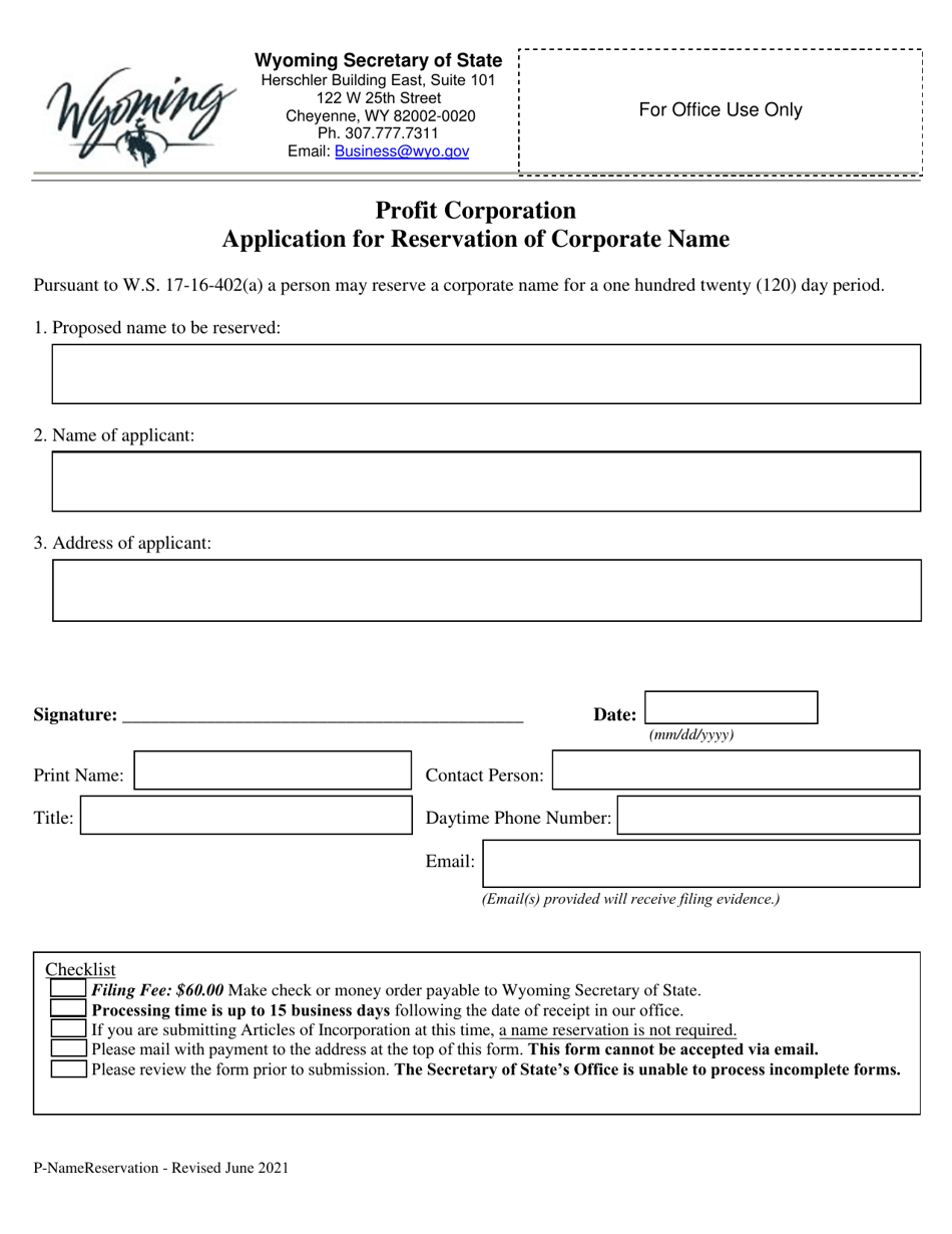 Profit Corporation Application for Reservation of Corporate Name - Wyoming, Page 1