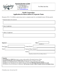 Document preview: Profit Corporation Application for Reservation of Corporate Name - Wyoming