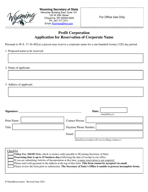 Profit Corporation Application for Reservation of Corporate Name - Wyoming Download Pdf