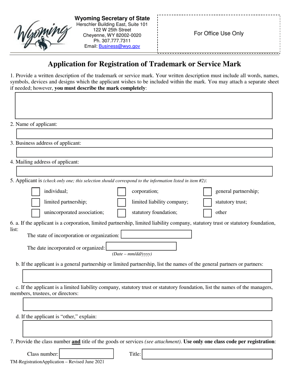 Application for Registration of Trademark or Service Mark - Wyoming, Page 1