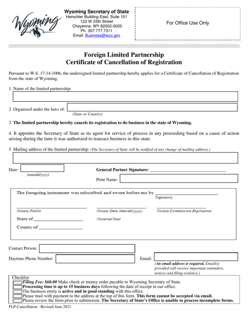 Foreign Limited Partnership Certificate of Cancellation of Registration - Wyoming Download Pdf