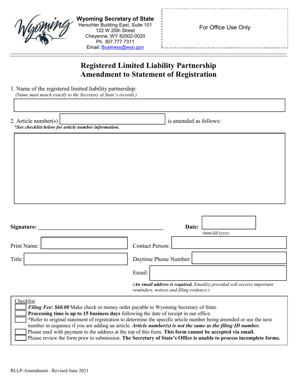 Registered Limited Liability Partnership Amendment to Statement of Registration - Wyoming, Page 1
