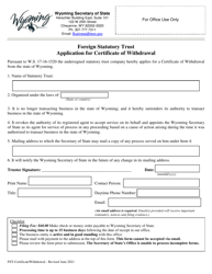 Document preview: Foreign Statutory Trust Application for Certificate of Withdrawal - Wyoming