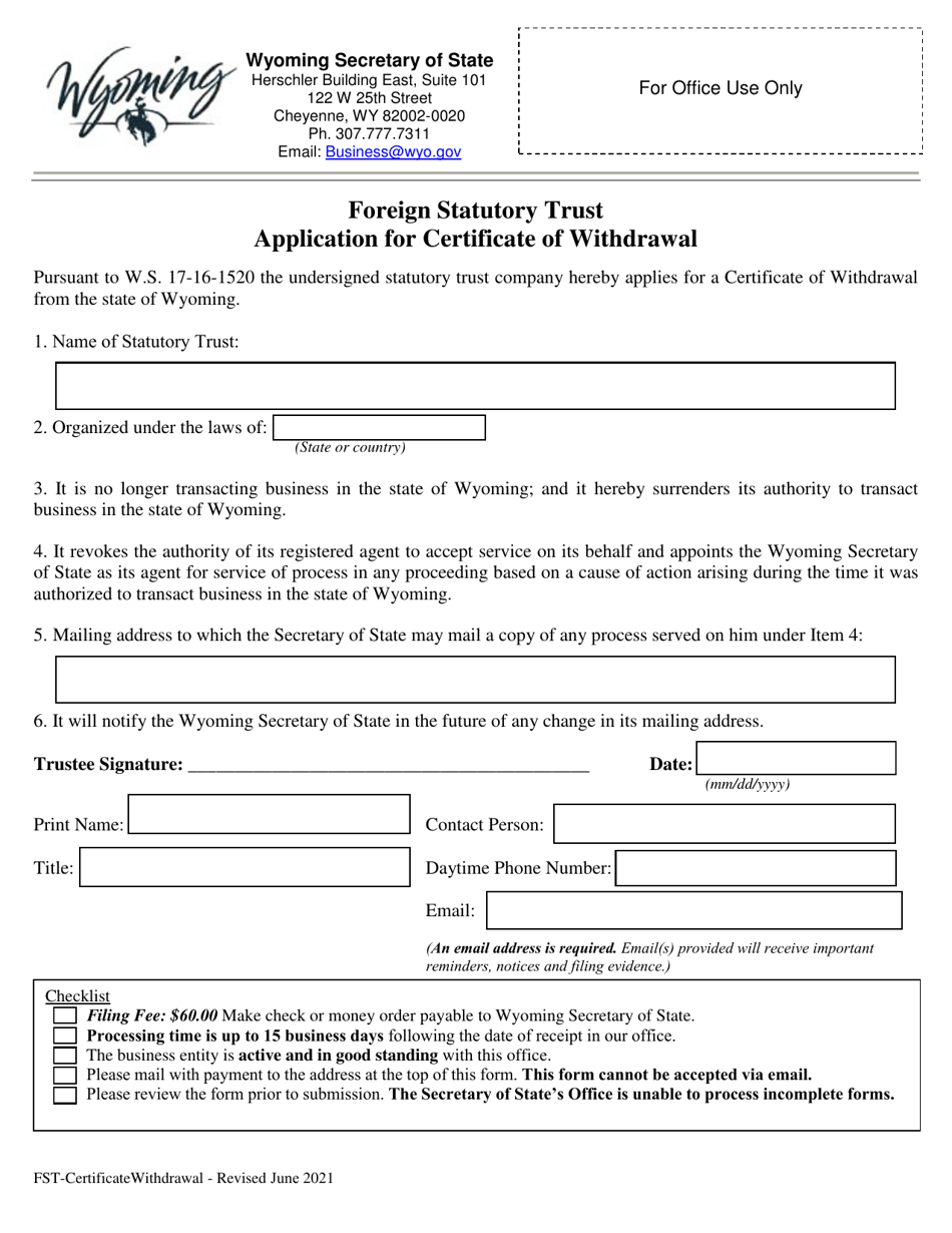 Foreign Statutory Trust Application for Certificate of Withdrawal - Wyoming, Page 1
