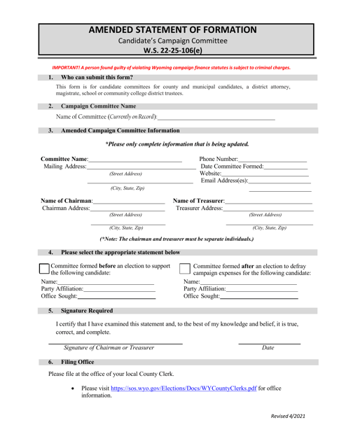 Amended Statement of Formation - Candidate's Campaign Committee - Wyoming Download Pdf