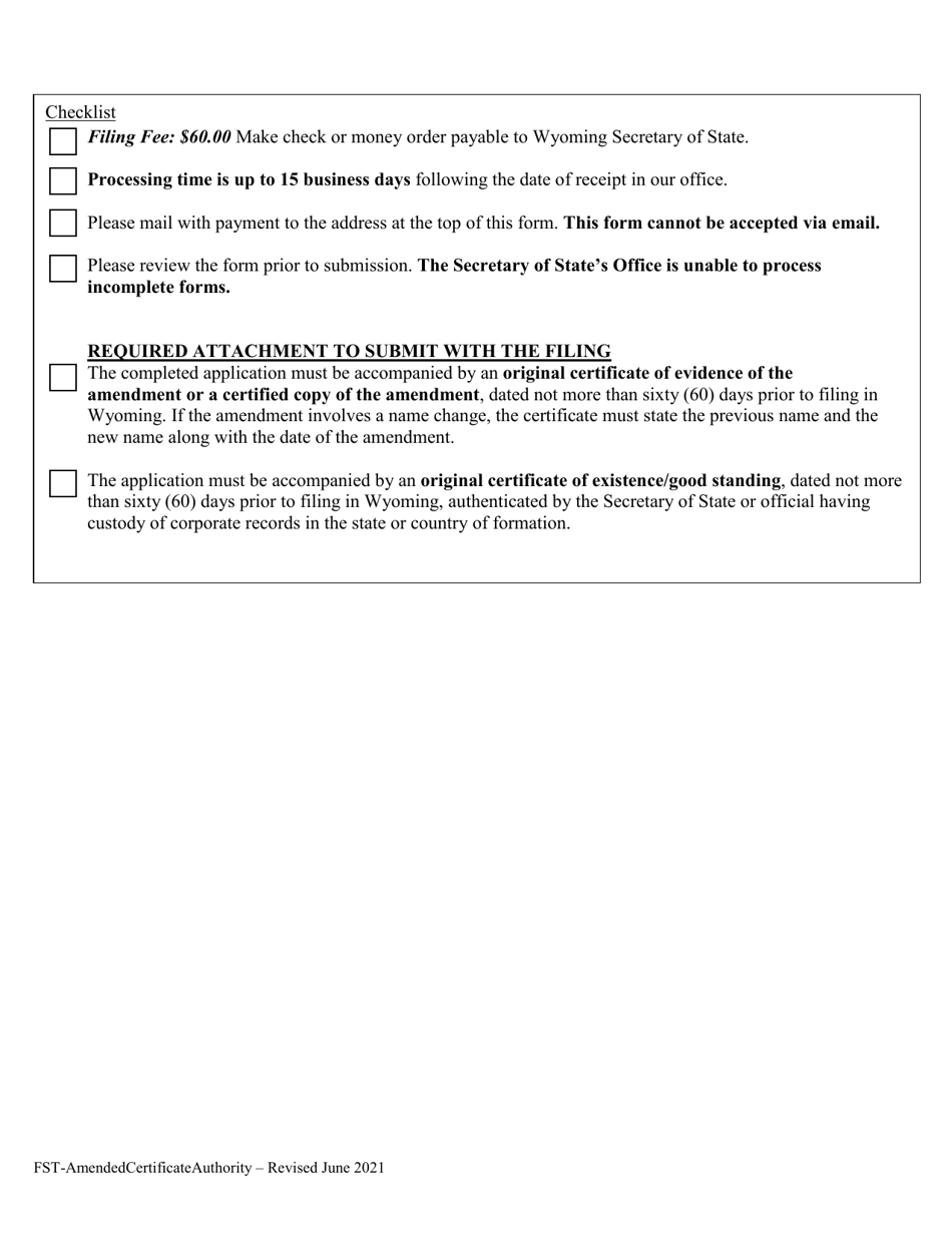 Foreign Statutory Trust Application for Amended Certificate of Authority - Wyoming, Page 2