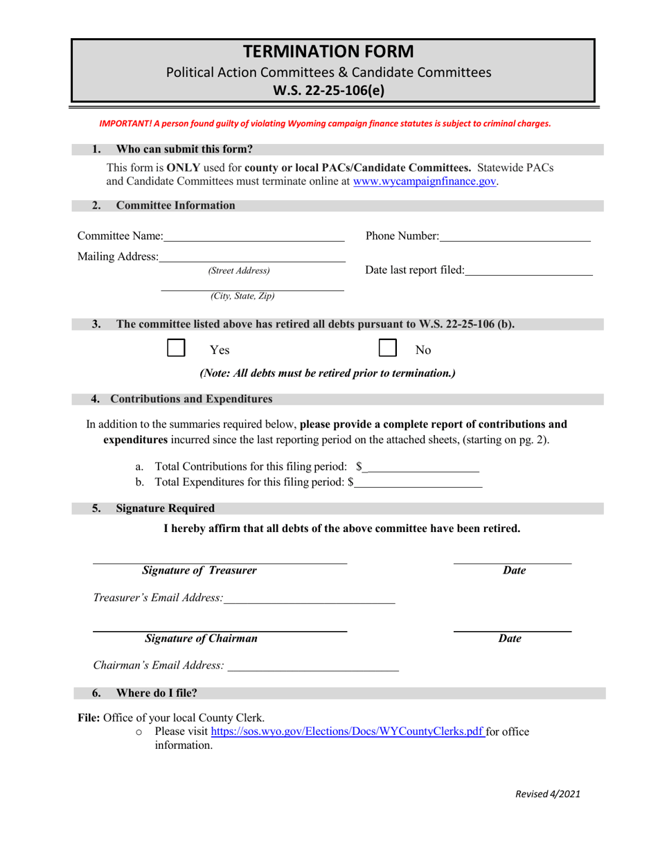 Termination Form - Political Action Committees  Candidate Committees - Wyoming, Page 1