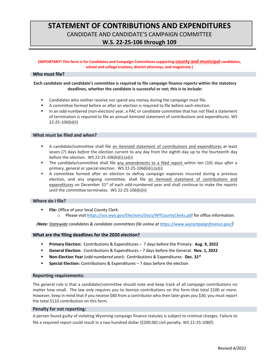 Statement of Contributions and Expenditures - Candidate and Candidates Campaign Committee - Wyoming, Page 1