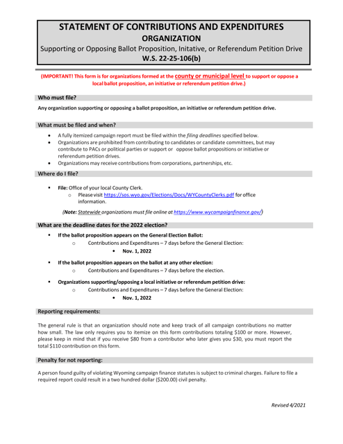 Statement of Contributions and Expenditures - Organization - Wyoming Download Pdf