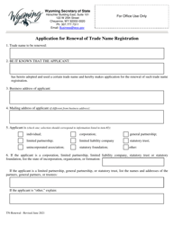 Document preview: Application for Renewal of Trade Name Registration - Wyoming