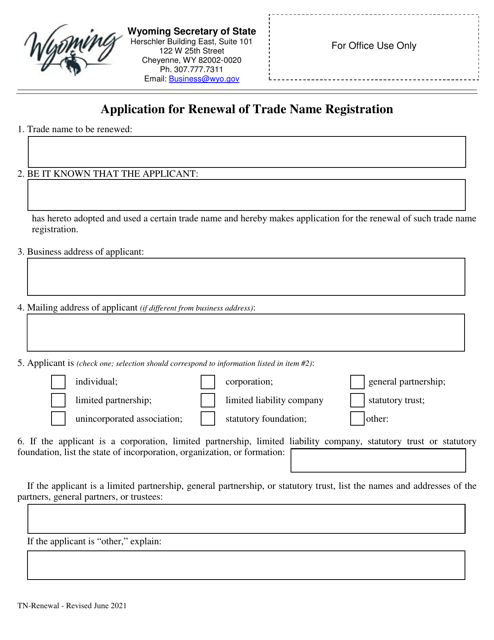 Application for Renewal of Trade Name Registration - Wyoming