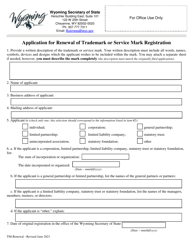 Document preview: Application for Renewal of Trademark or Service Mark Registration - Wyoming