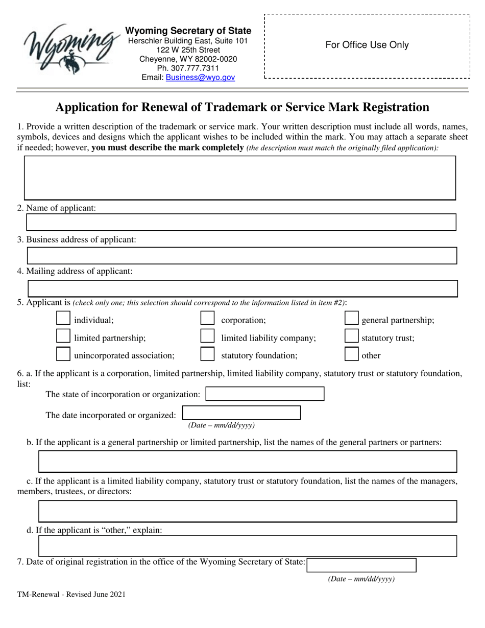 Application for Renewal of Trademark or Service Mark Registration - Wyoming, Page 1
