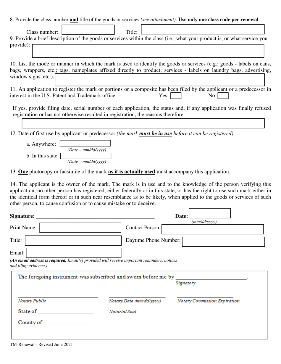 Application for Renewal of Trademark or Service Mark Registration - Wyoming, Page 2