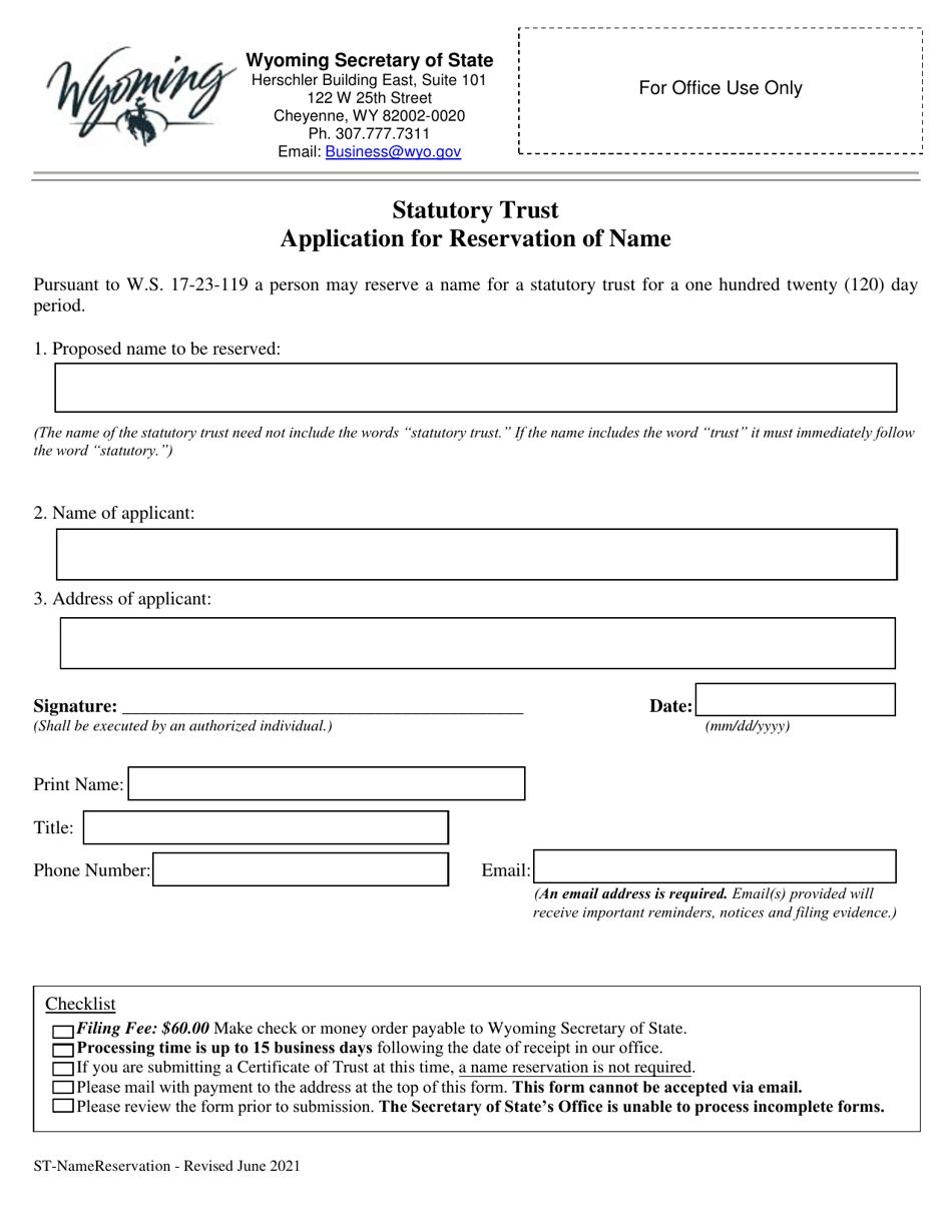 Statutory Trust Application for Reservation of Name - Wyoming, Page 1
