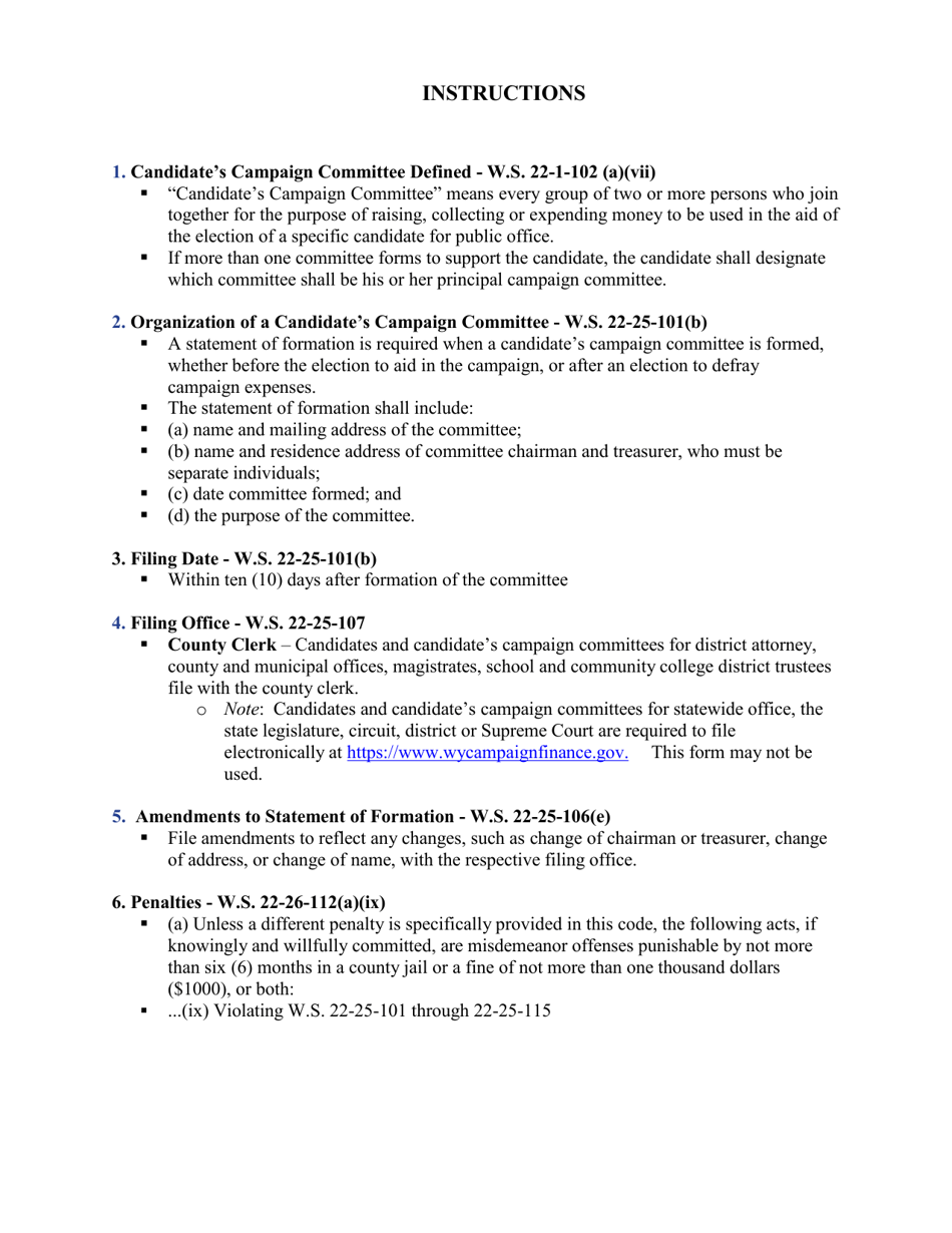 Statement of Formation - Candidates Campaign Committee - Wyoming, Page 2